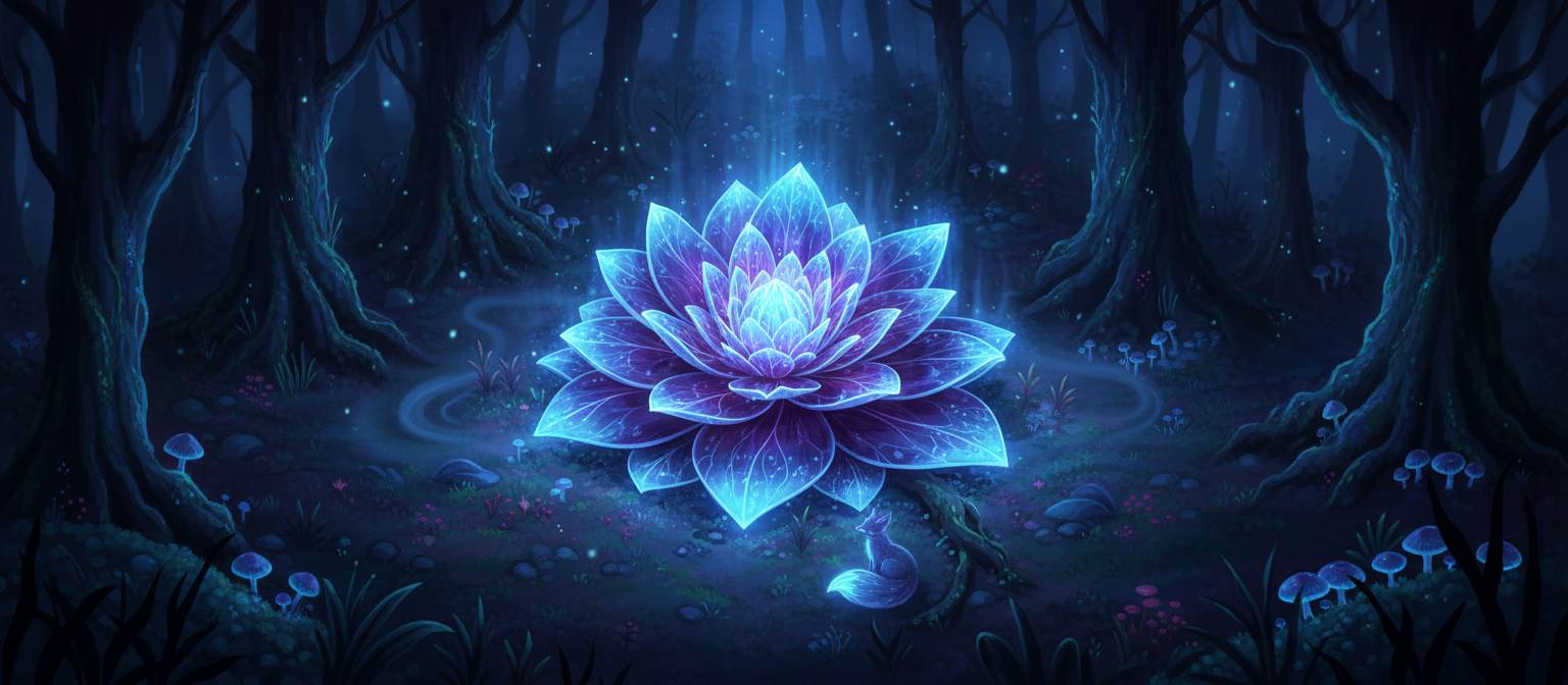 어두운 숲 속에서 강렬하게 빛나는 환상적인 생물 발광 꽃의 등각 투영 일러스트.