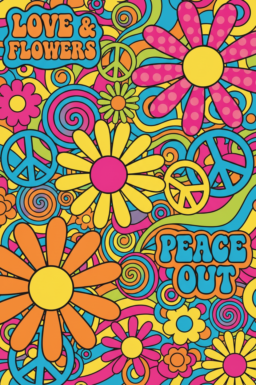 굵은 윤곽선과 생생한 플랫 사이키델릭 색상이 특징인 1960년대 레트로 팝아트 꽃 일러스트.