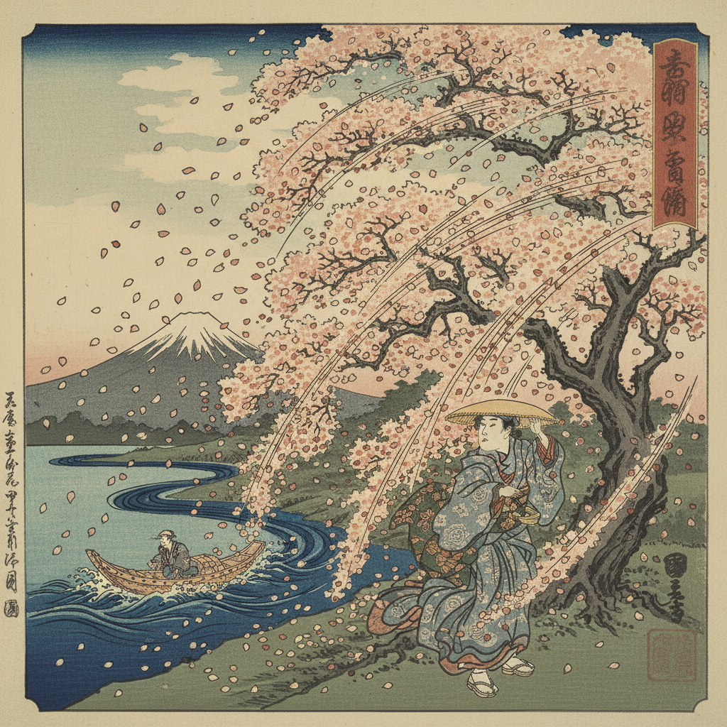 떨어지는 벚꽃을 일본 우키요에 스타일로 그린 일러스트.