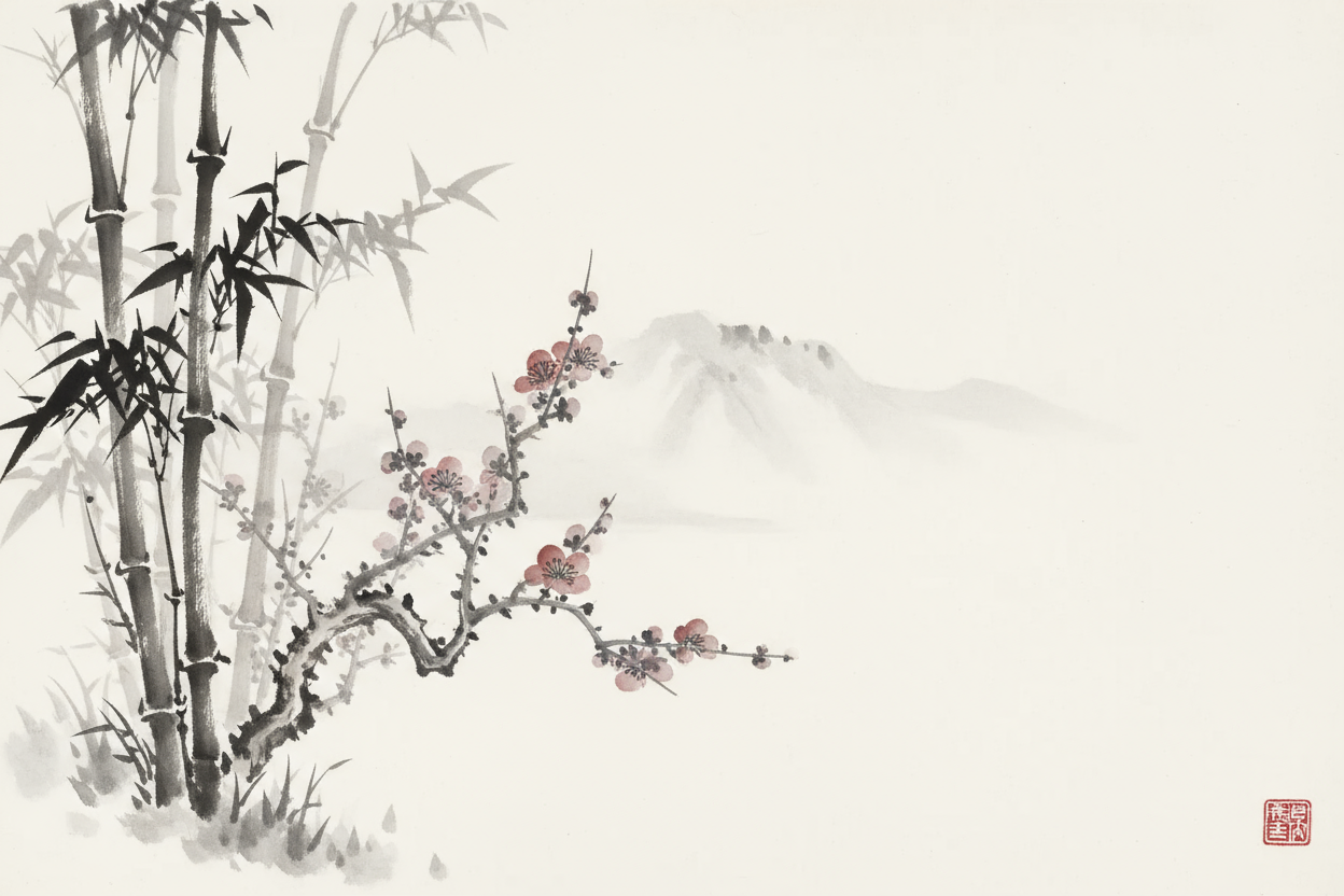 대나무와 매화꽃을 묘사한 미니멀하고 우아한 수묵화 (수미에) 일러스트.