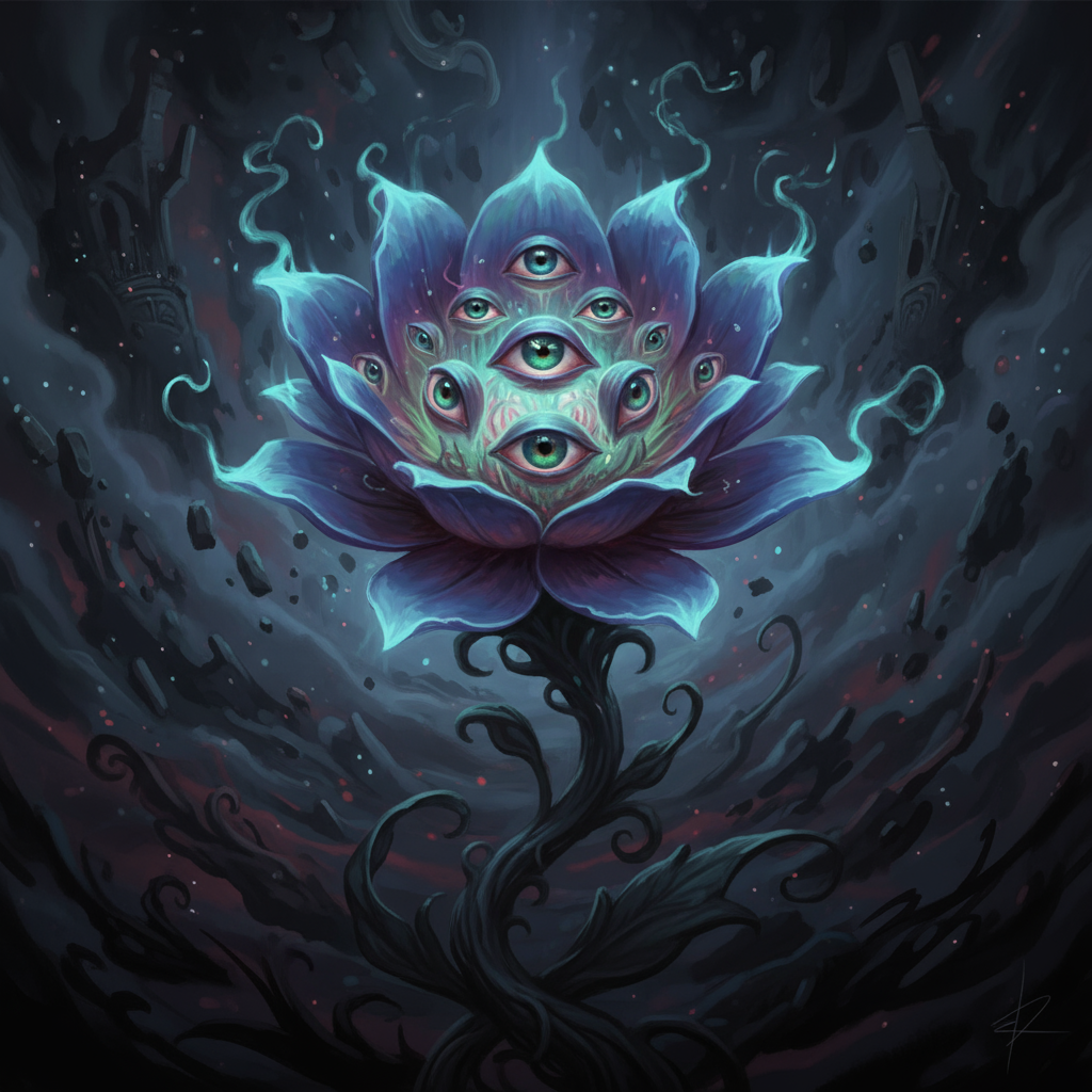 눈이 마주보는 기이한 꽃의 초현실적인 일러스트.