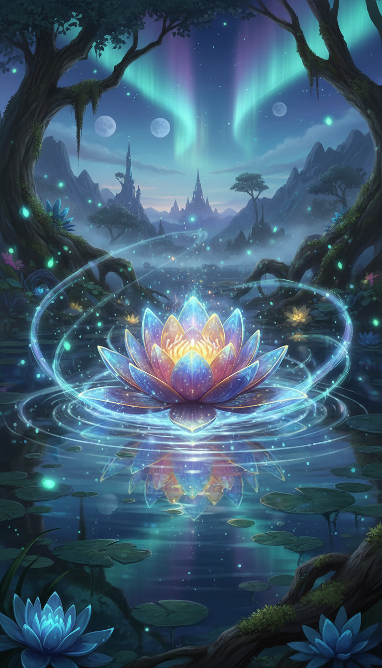 신비로운 연못에 핀 빛나는 마법 연꽃의 환상 일러스트.