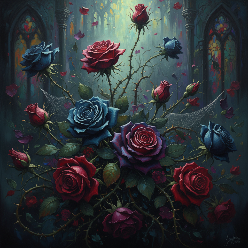 짙은 보석 톤의 어두운 장미와 가시가 있는 미스터리하고 극적인 고딕 꽃 일러스트, 유화 질감.