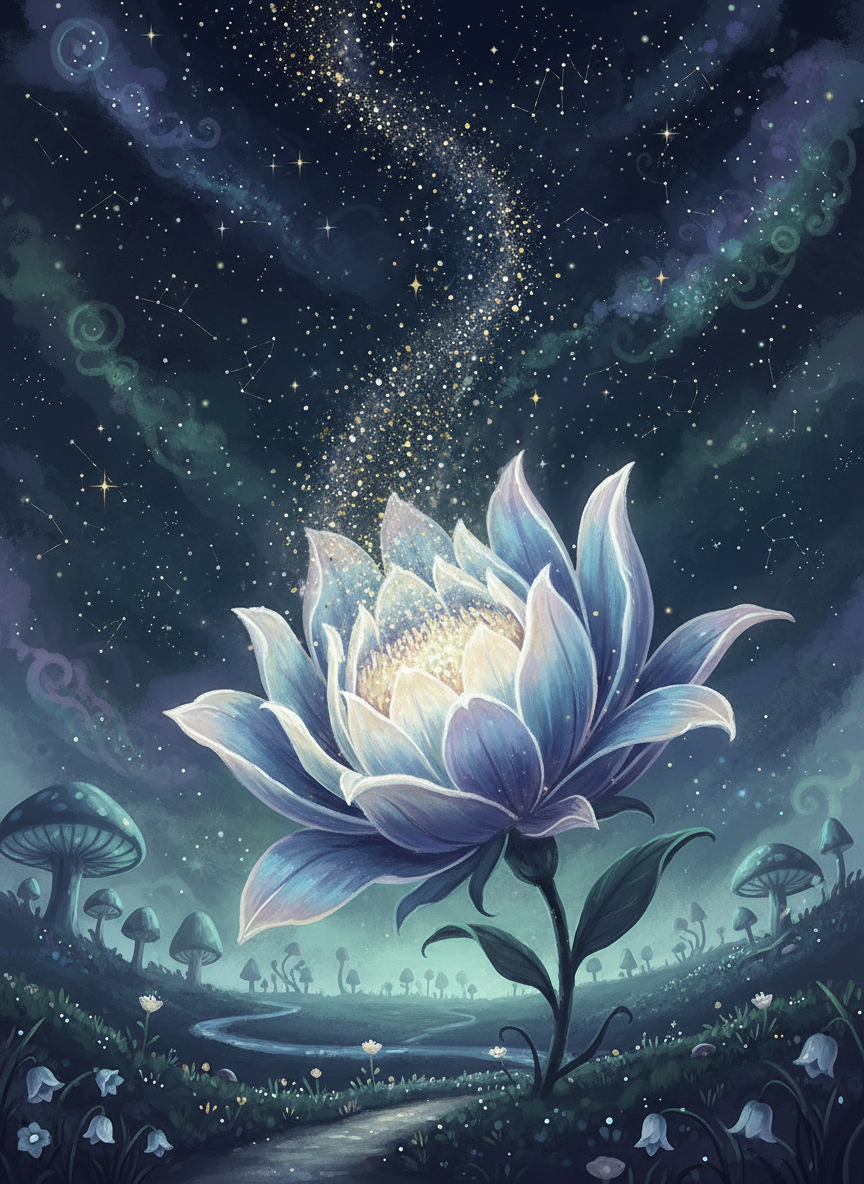 별빛 아래 피어나는 마법의 꽃을 반짝이 효과와 함께 담은 매혹적인 동화책 일러스트.