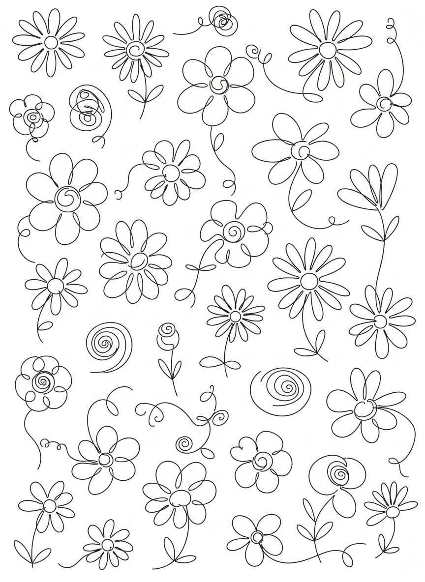 흑백으로 무작위로 흩어져 있는 손으로 그린 낙서 스타일의 꽃 일러스트, 장난스럽고 자연스러운 느낌.