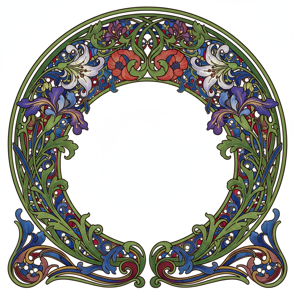 우아한 곡선과 풍부한 보석 톤이 특징인 복잡한 아르누보 스타일의 꽃 테두리 일러스트.