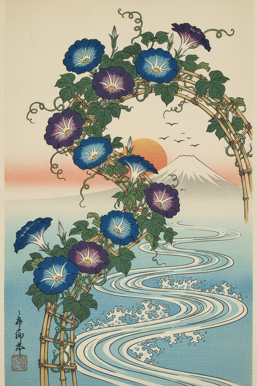 나팔꽃이 담쟁이 넝쿨을 타고 오르는 우키요에 스타일 일러스트.