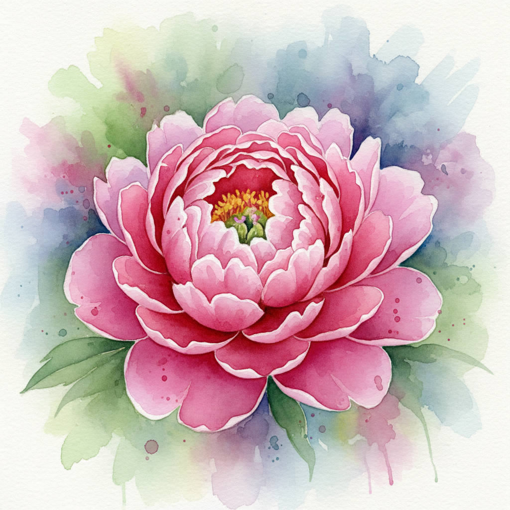 활기찬 수채화로 피어나는 모란 꽃 일러스트.