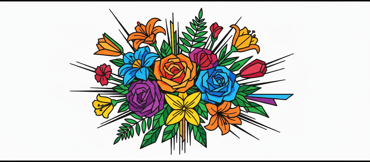 다채로운 대비 색상의 기하학적 추상 꽃 일러스트.