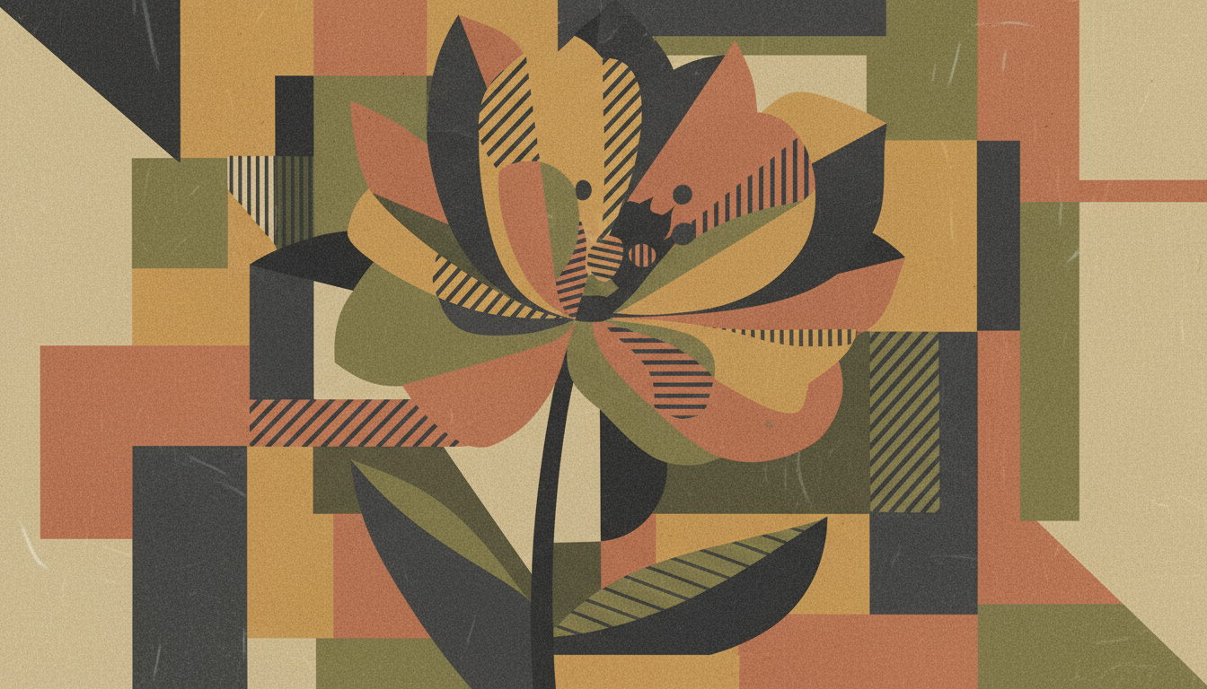 분열되고 기하학적인 형태로 표현된 큐비스트 꽃 일러스트.