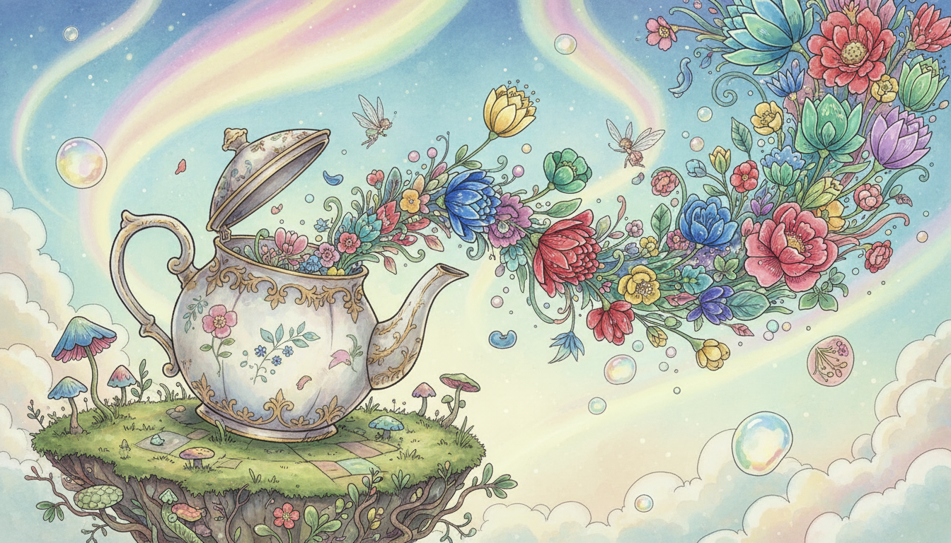 찻주전자에서 꽃이 피어나는 기발한 일러스트.