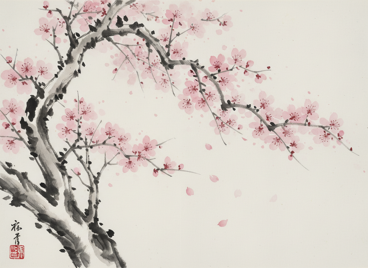 벚꽃을 그린 일본 수묵화 일러스트.