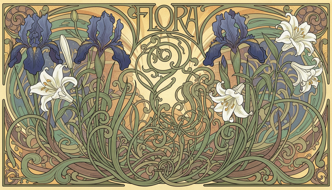 아르누보 양식의 붓꽃과 백합 일러스트.