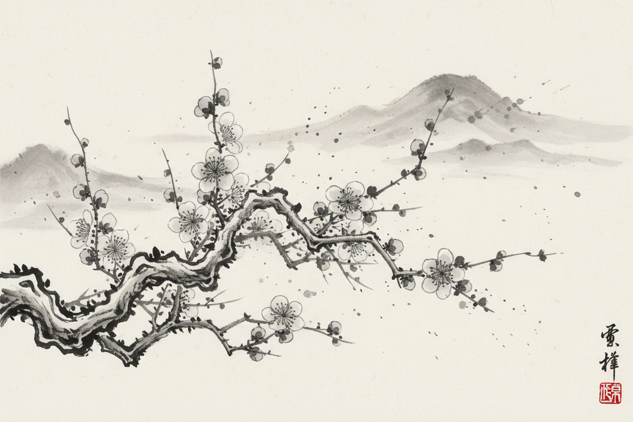 매화나무 가지를 그린 수묵화 스타일 일러스트.