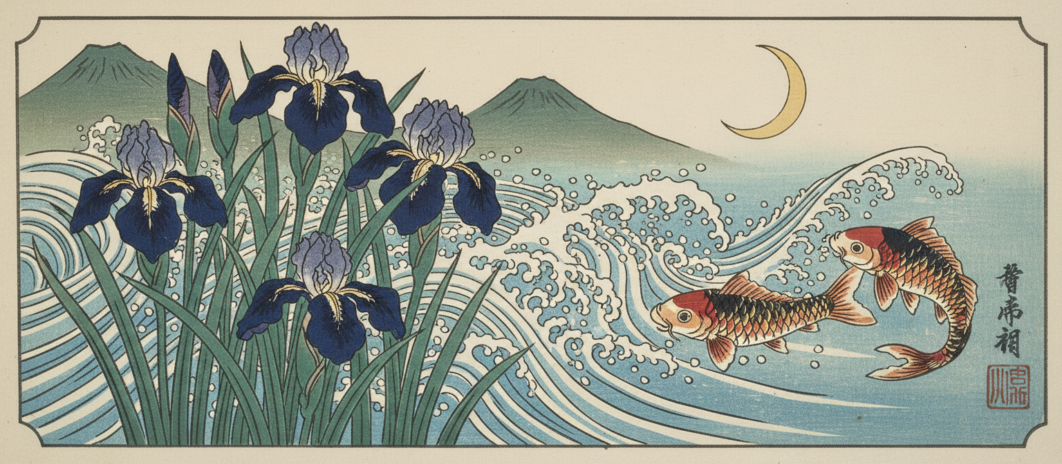 플랫한 색상과 강한 윤곽선이 특징인 우아한 붓꽃과 흐르는 물을 그린 우키요에 스타일 꽃 일러스트.