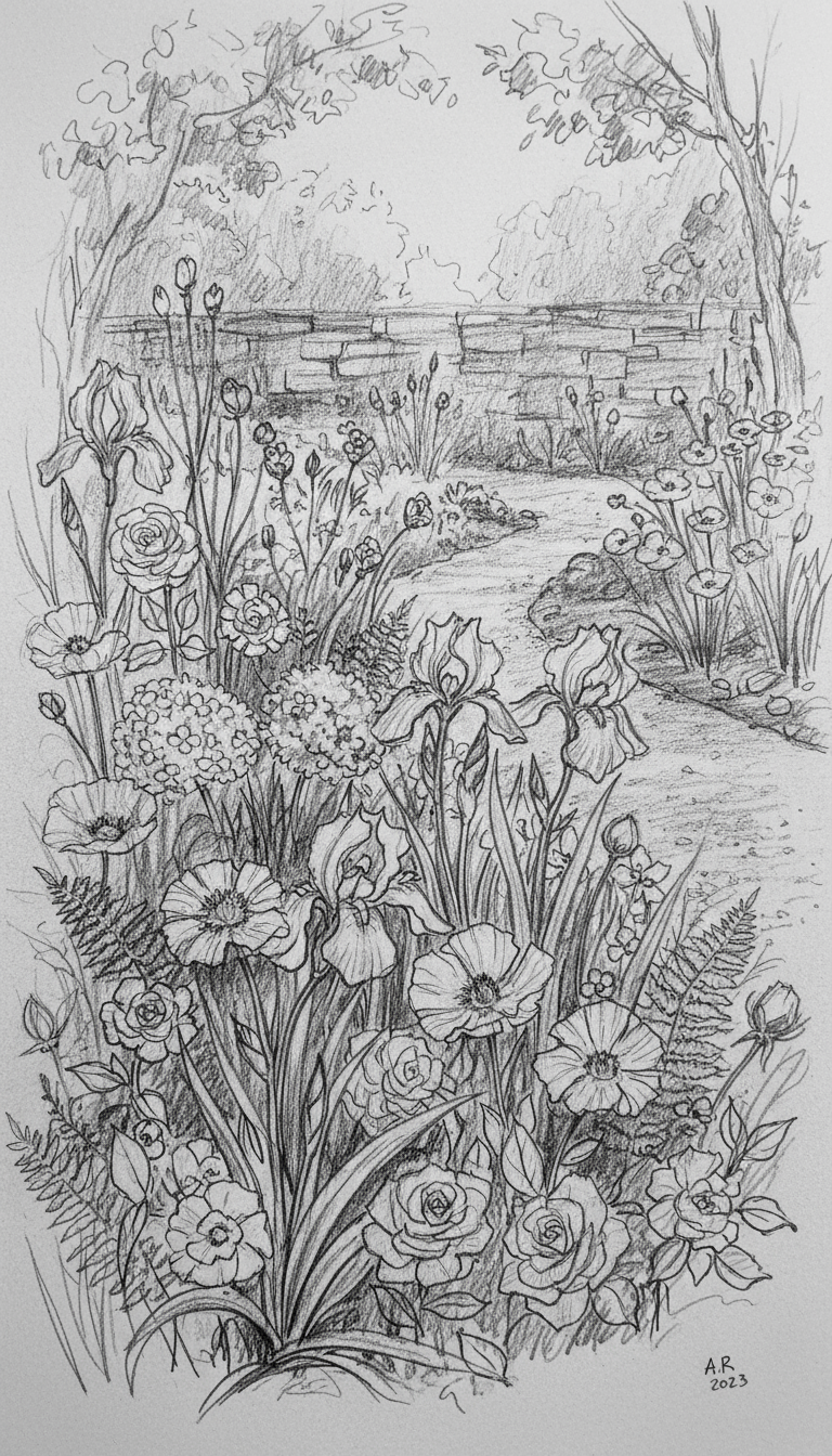 느슨하고 표현적인 선으로 이루어진 흑백 연필 스케치, 예술적이고 관찰적인 느낌의 다양한 꽃 정원 일러스트.