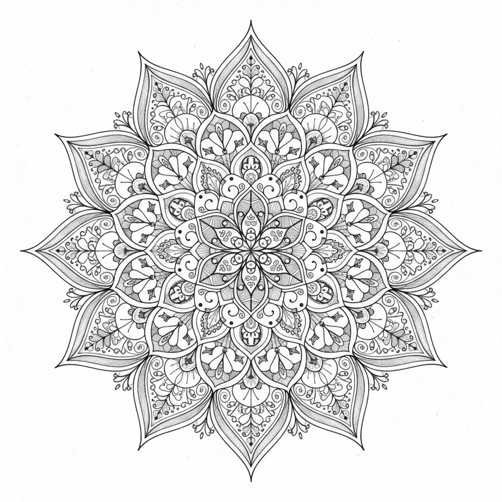 흰색 배경에 검은색 잉크로 정교하고 대칭적으로 표현된 복잡한 만다라 꽃 일러스트, 명상적인 느낌.
