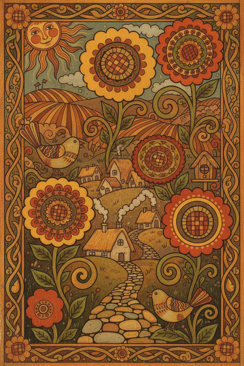 양식화된 꽃과 새들이 있는 소박한 정원 풍경을 묘사한 매력적인 민속 예술 일러스트.