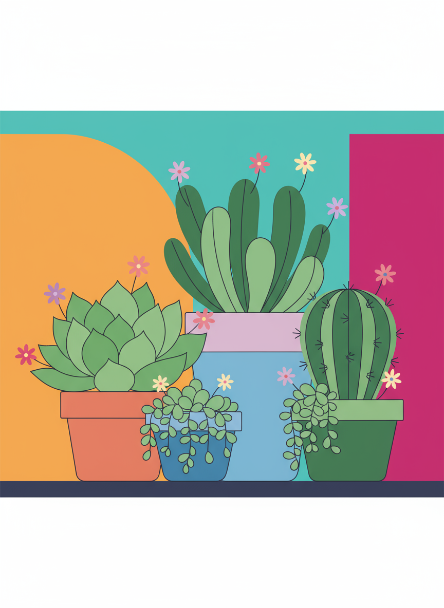 꽃이 피어있는 다육식물의 모던 플랫 디자인 일러스트.