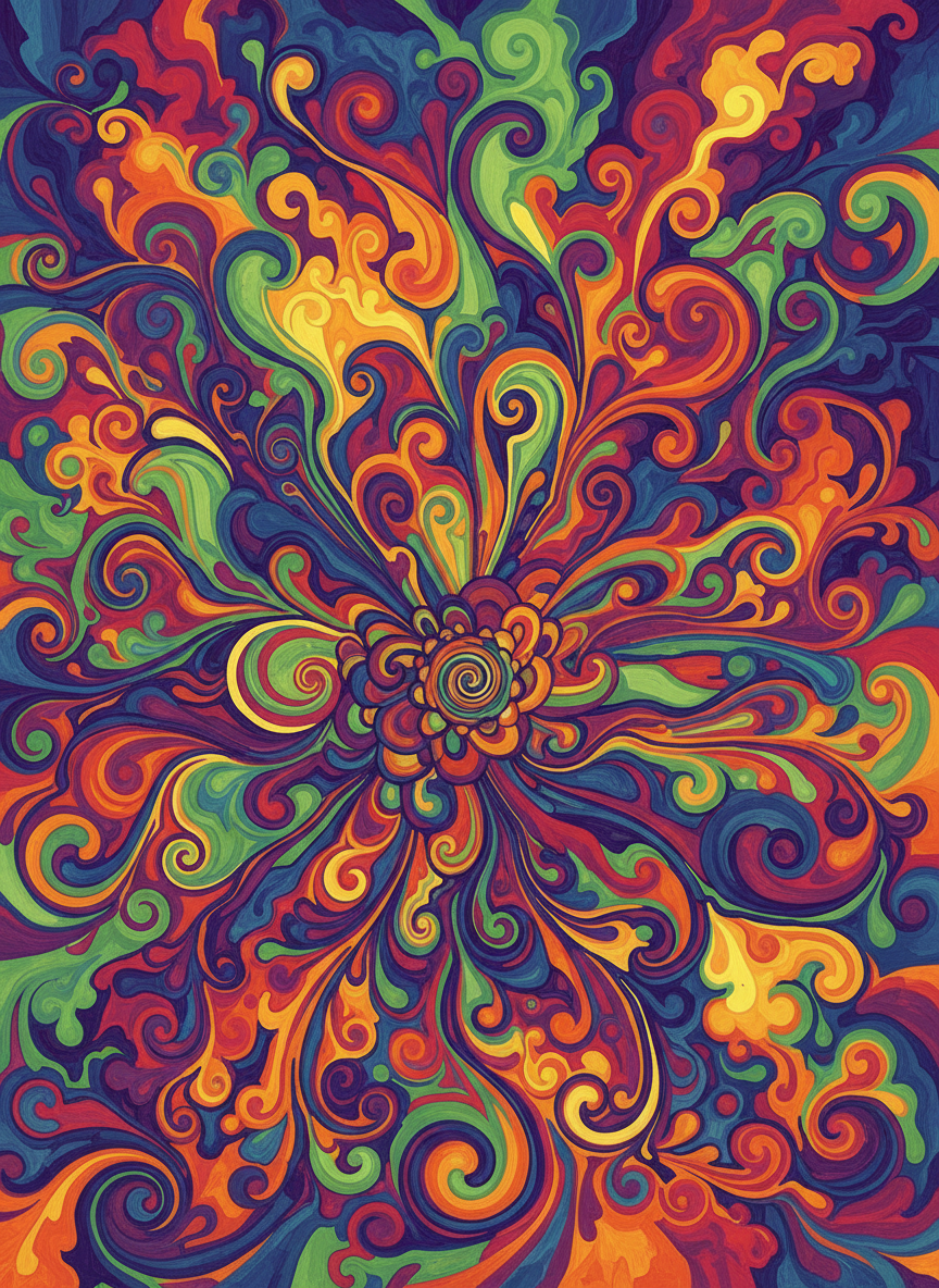 현란한 색상과 추상적인 모양의 사이키델릭 꽃 일러스트.