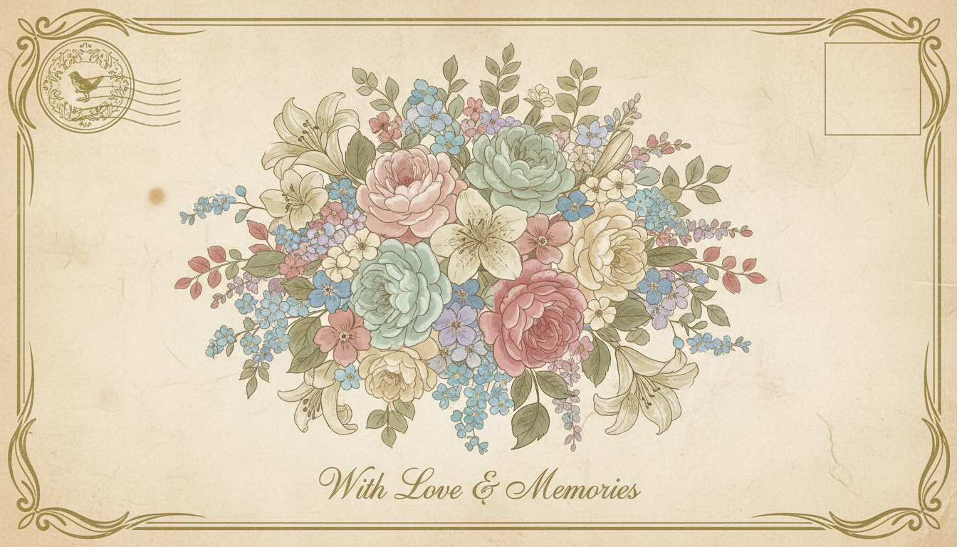 바랜 종이 질감이 있는 섬세한 파스텔 톤 빈티지 꽃다발 일러스트, 고전적이고 로맨틱한 분위기.