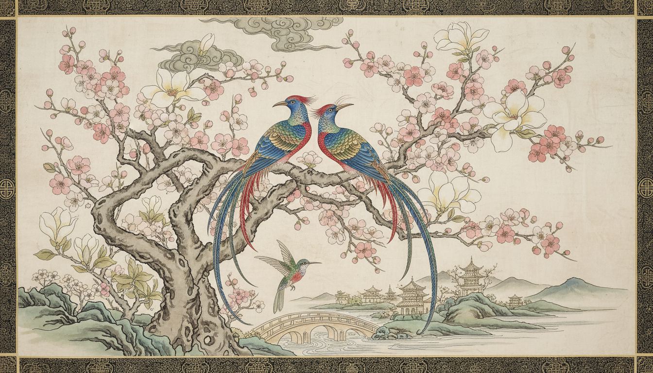 이국적인 새와 꽃나무 가지를 그린 시누아즈리 스타일 일러스트.