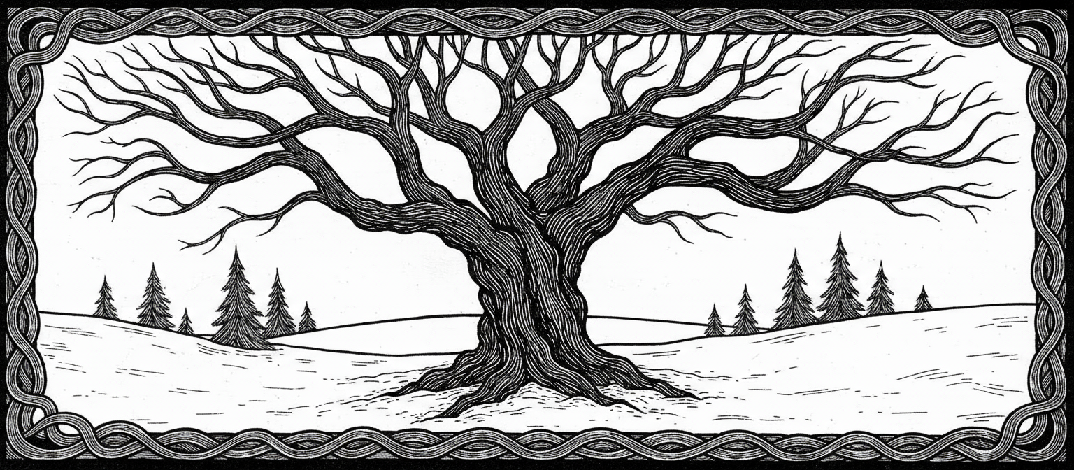 눈 덮인 풍경에 앙상한 가지가 드러난 겨울 나무의 목판화 스타일 일러스트레이션.