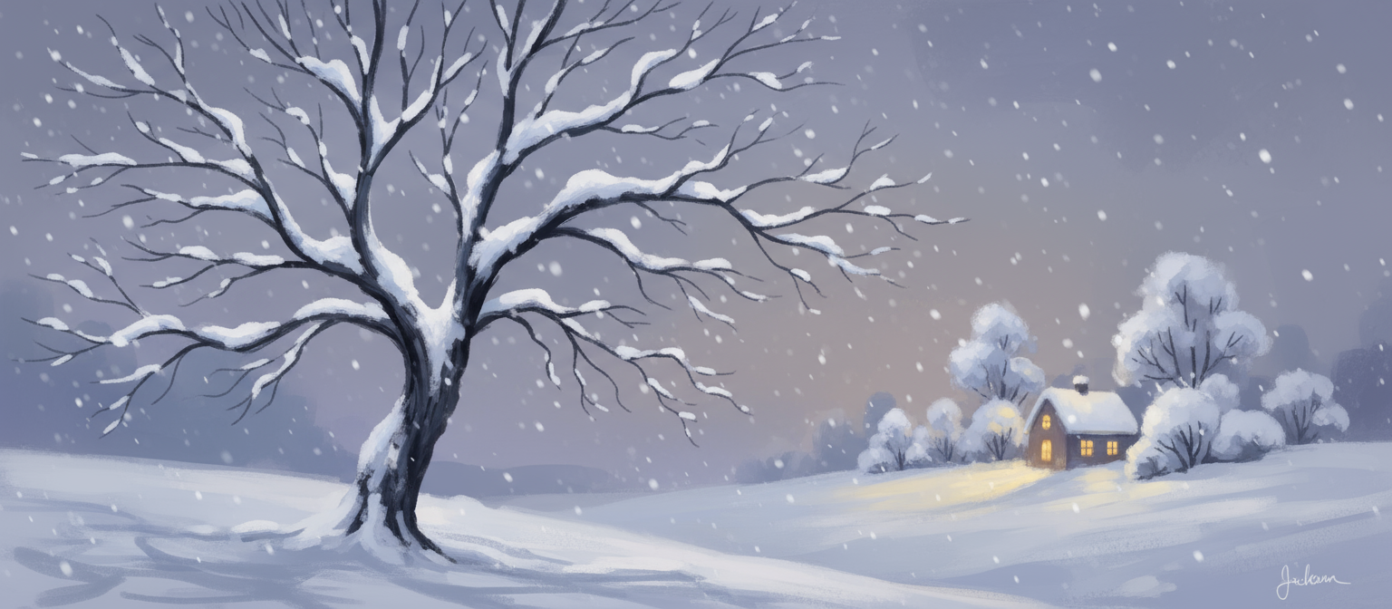 눈 덮인 앙상한 가지의 겨울 나무 일러스트, 멀리서 오는 아늑한 집의 따뜻한 불빛, 조용하고 평온한 분위기.