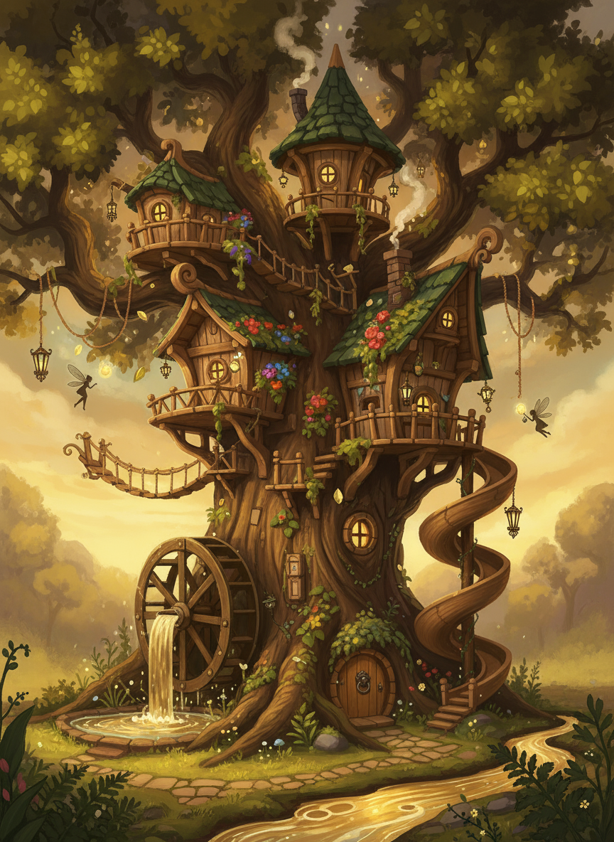거대한 나무 속에 자리 잡은 나무 위의 집을 그린 동화책 같은 스타일의 일러스트레이션.