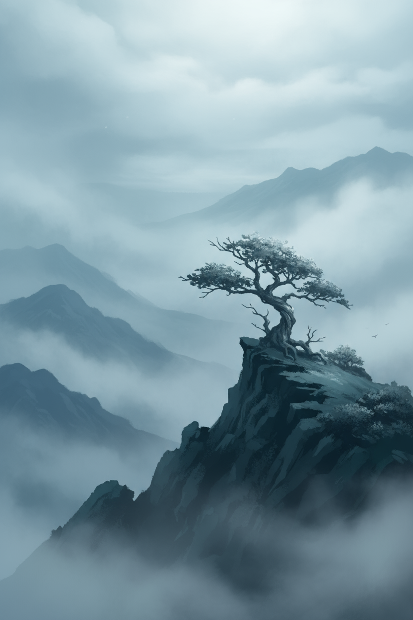 안개 낀 산봉우리 위에 홀로 서 있는 나무의 디지털 풍경 일러스트, 대기 원근법, 차가운 푸른색과 회색 톤.