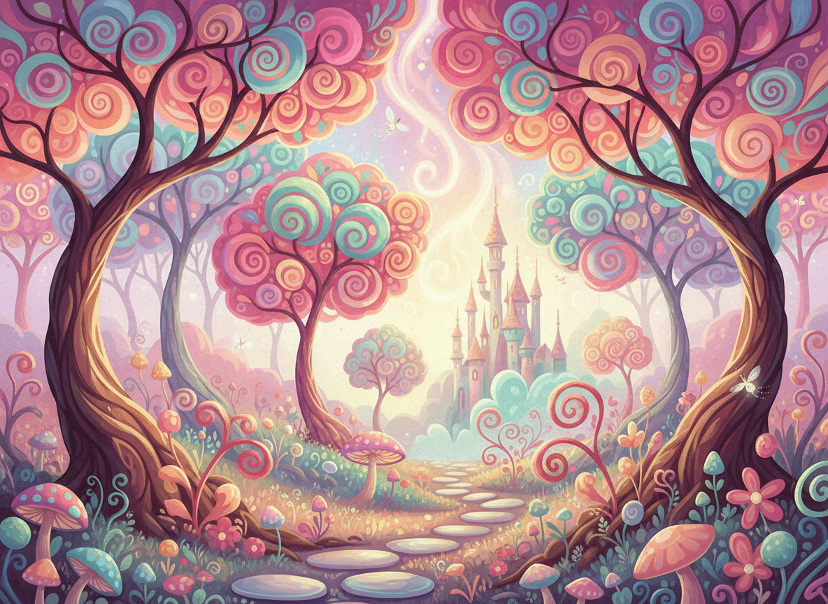 화려하고 소용돌이치는 잎사귀를 가진 스타일리시한 나무들이 파스텔 톤으로 그려진 환상적인 숲 일러스트.