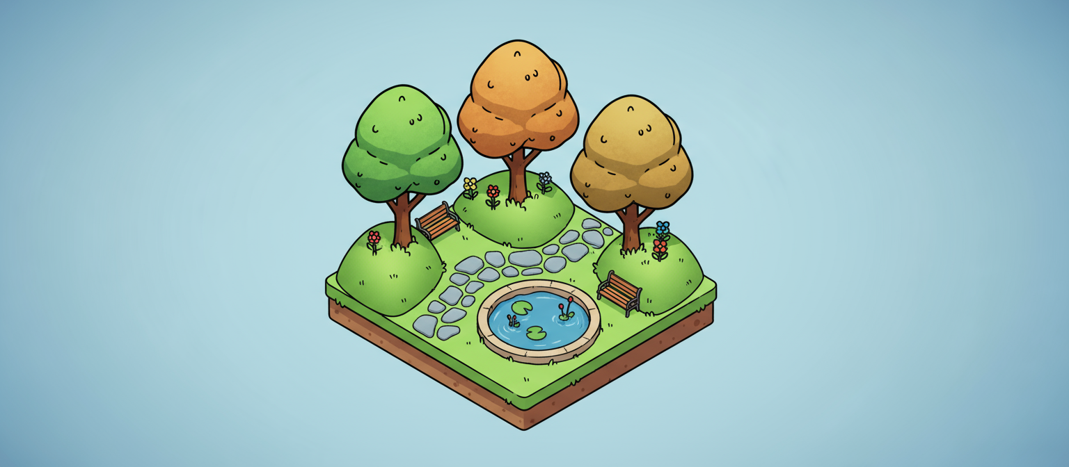 공원 속 작은 나무 무리를 높은 각도에서 바라본 아이소메트릭 디지털 일러스트레이션.