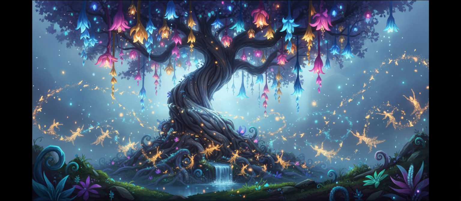 빛나는 꽃을 피운 나무의 환상적인 일러스트.