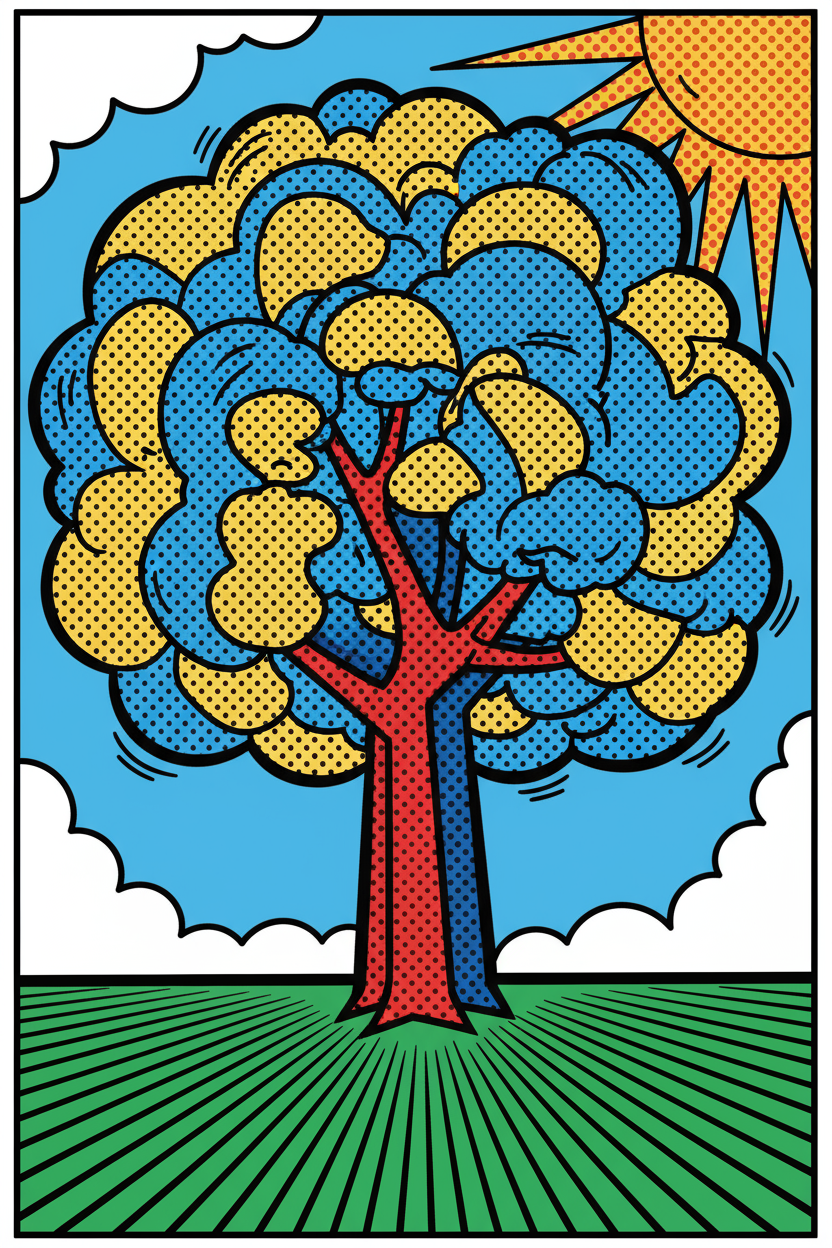 굵은 윤곽선과 밝은 원색을 사용한 팝 아트 스타일의 나무 일러스트레이션.