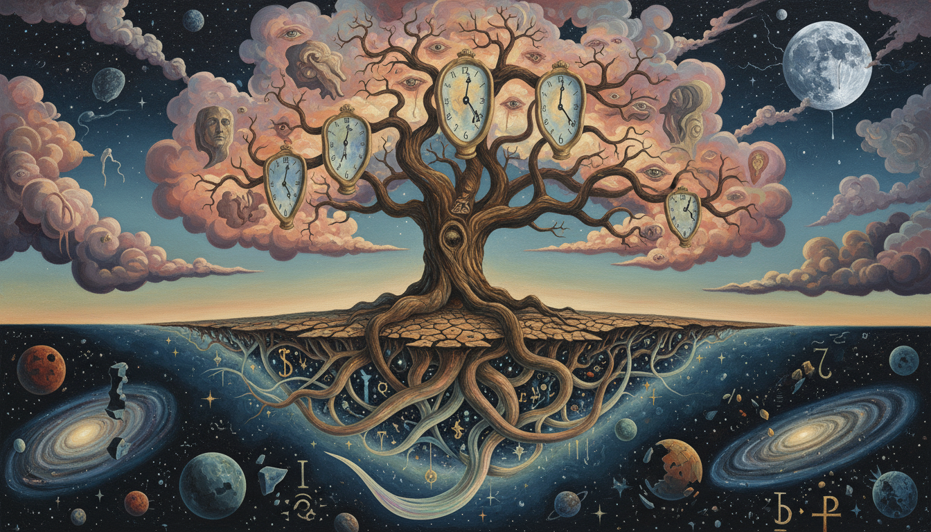 가지는 구름으로, 뿌리는 우주 공간으로 뻗어 나가는 초현실적인 나무 일러스트레이션.
