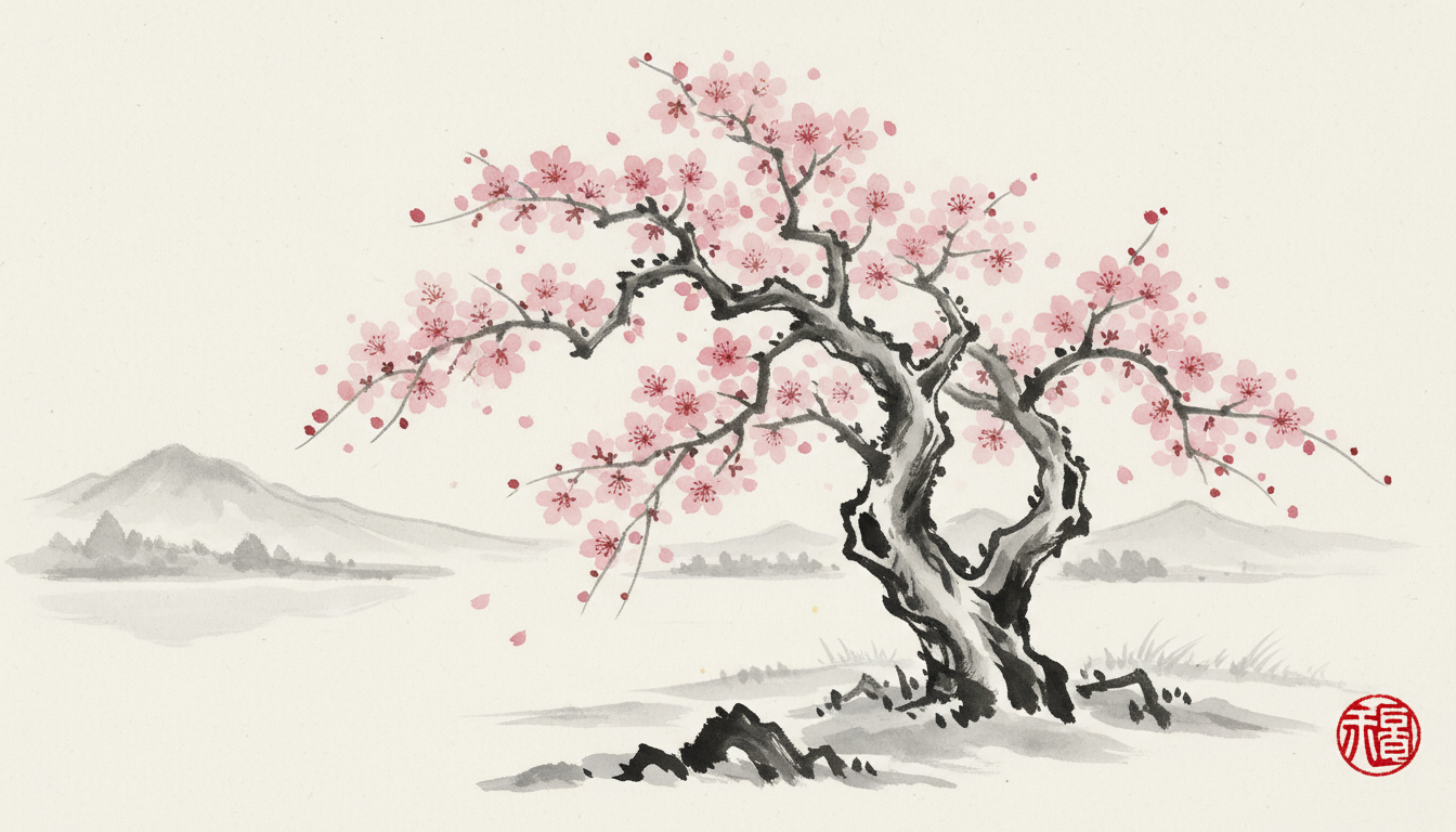 벚꽃나무를 그린 일본식 수묵화 일러스트.