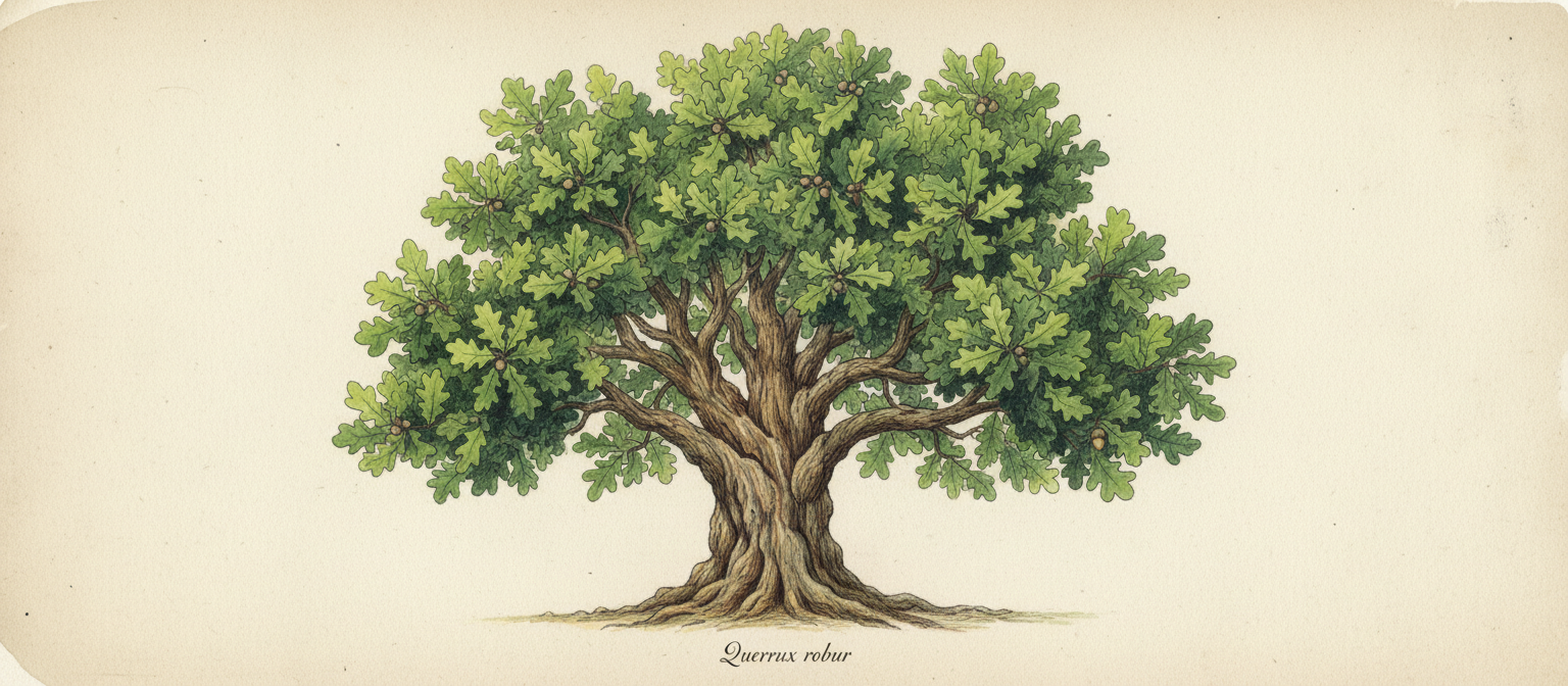 복잡한 나무껍질 질감과 무성한 녹색 잎이 있는 사실적이고 상세한 참나무 일러스트레이션으로, 전통적인 식물 삽화 스타일로 표현되었습니다.