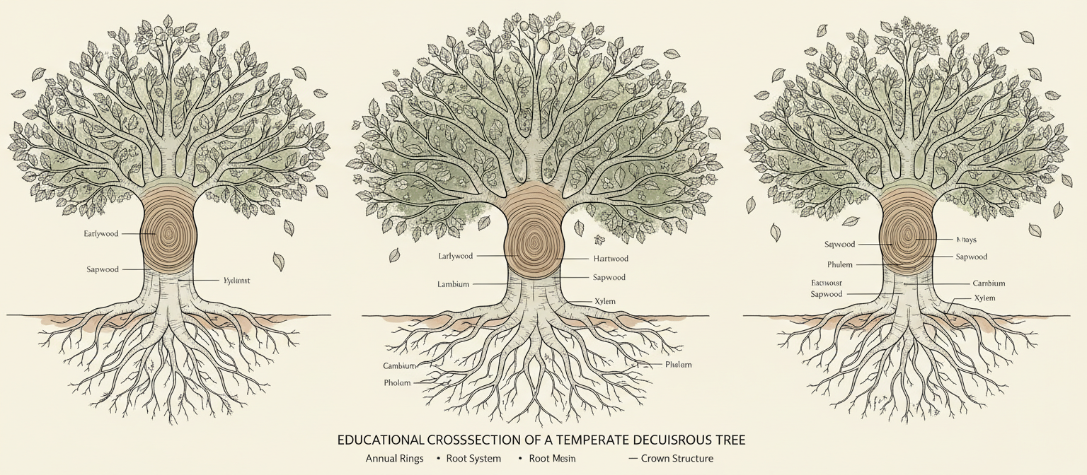 나무 단면의 과학적인 일러스트.