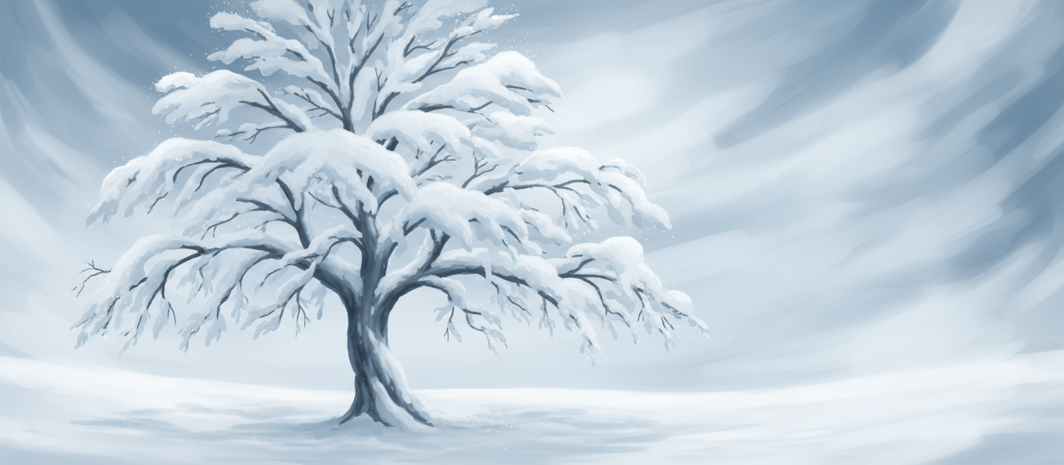 눈 덮인 겨울 나무 일러스트레이션으로, 차가운 푸른색과 흰색 톤의 앙상한 서리 내린 가지들이 고요함을 자아냅니다.