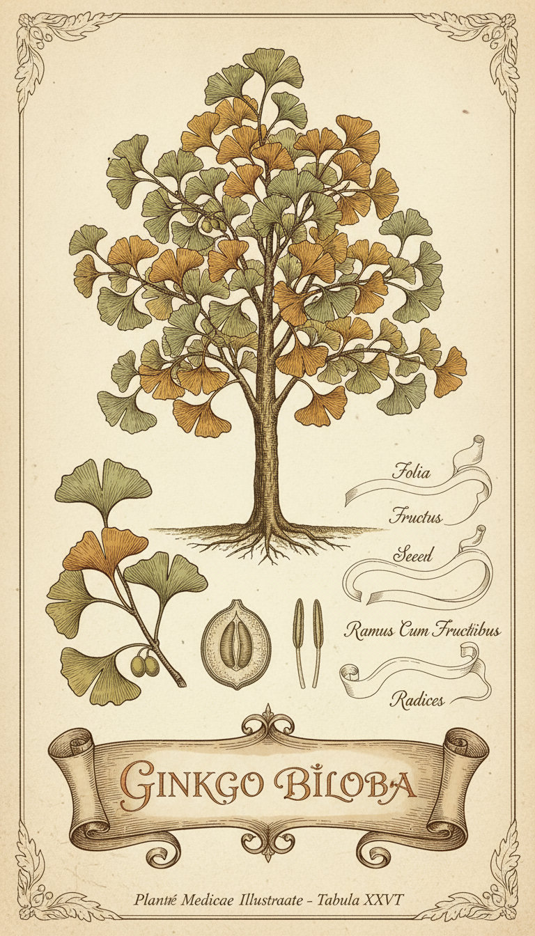 은행나무와 같은 특정 나무 종의 빈티지 식물학 일러스트레이션, 세밀하고 정확한 묘사.