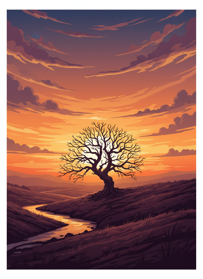 따뜻한 주황색과 보라색 노을 하늘을 배경으로 실루엣으로 표현된 고독한 나무 일러스트레이션입니다.