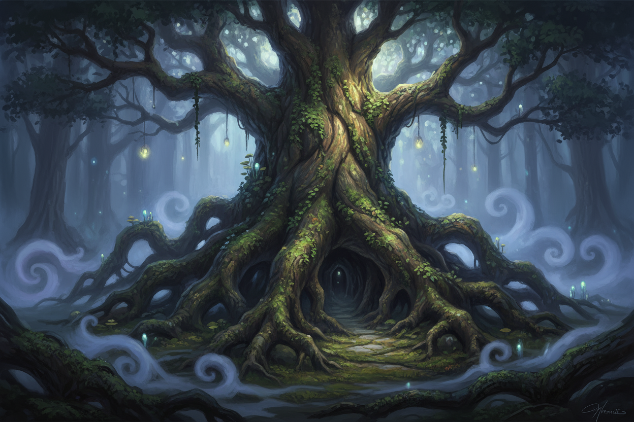 이끼와 담쟁이덩굴로 뒤덮인, 신비롭고 어두운 숲 판타지 분위기를 풍기는 고대의 꼬불꼬불한 뿌리를 가진 나무 일러스트레이션입니다.