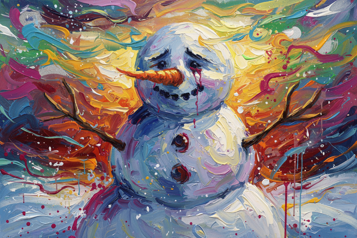 구불구불한 색상으로 눈사람의 감정을 표현한 추상적인 표현주의 일러스트.