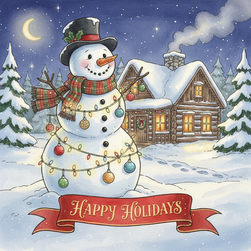 따뜻한 통나무집 앞에 불빛과 장식으로 꾸며진 축제 분위기의 눈사람 일러스트.