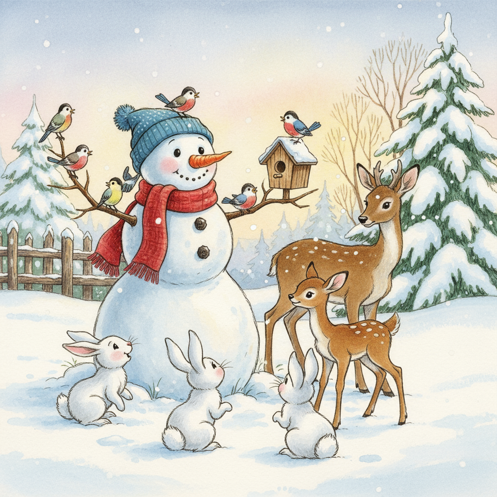눈 덮인 빈터에서 친근한 숲 동물들과 (토끼, 새, 사슴) 교류하는 눈사람의 고전적인 동화책 일러스트.