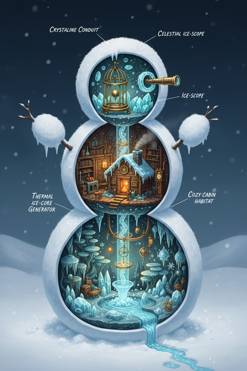 눈사람의 숨겨진 내부나 아늑한 작은 세계를 드러내는 상세한 단면 일러스트.