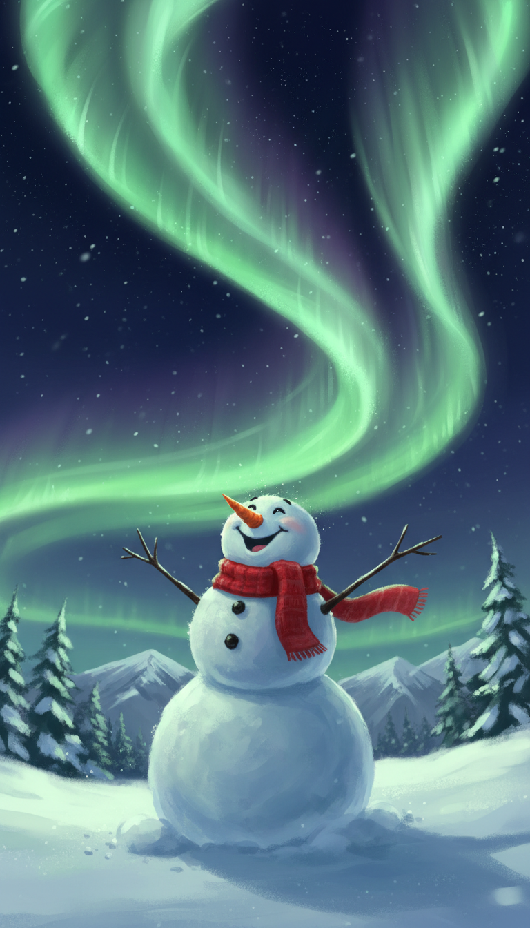 낮은 각도에서 오로라를 올려다보는 눈사람 일러스트, 오로라가 설경을 비추고 있다.