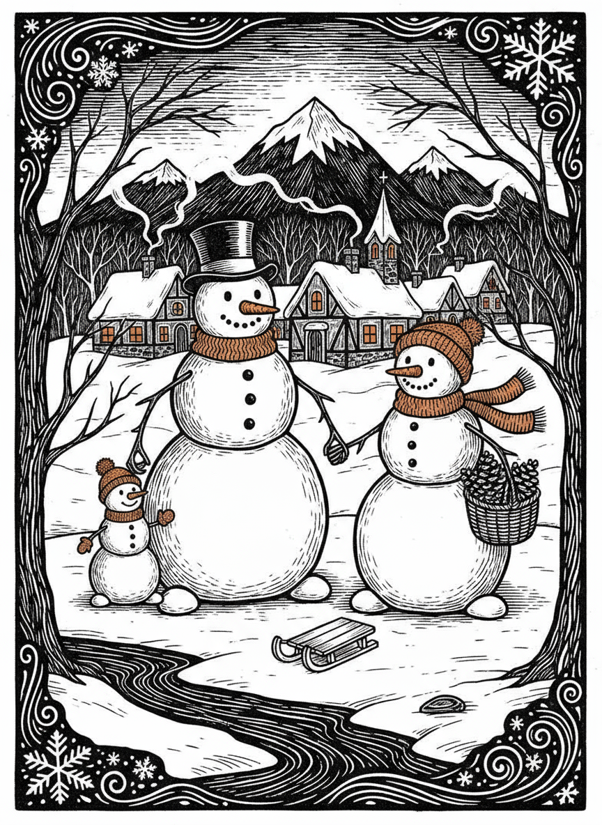 평화로운 마을에서 겨울을 즐기는 눈사람 가족의 리노컷 스타일 일러스트.