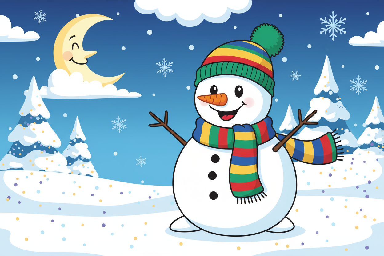 화려한 스카프와 모자를 쓰고 반짝이는 설원에 서 있는 만화 스타일의 눈사람 일러스트.
