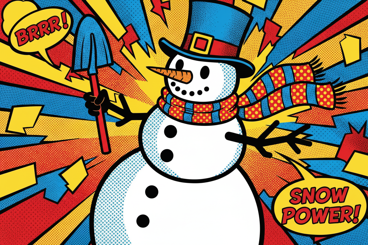 굵은 윤곽선과 밝은 원색, 만화책 점 패턴을 특징으로 하는 팝아트 스타일 눈사람 일러스트.